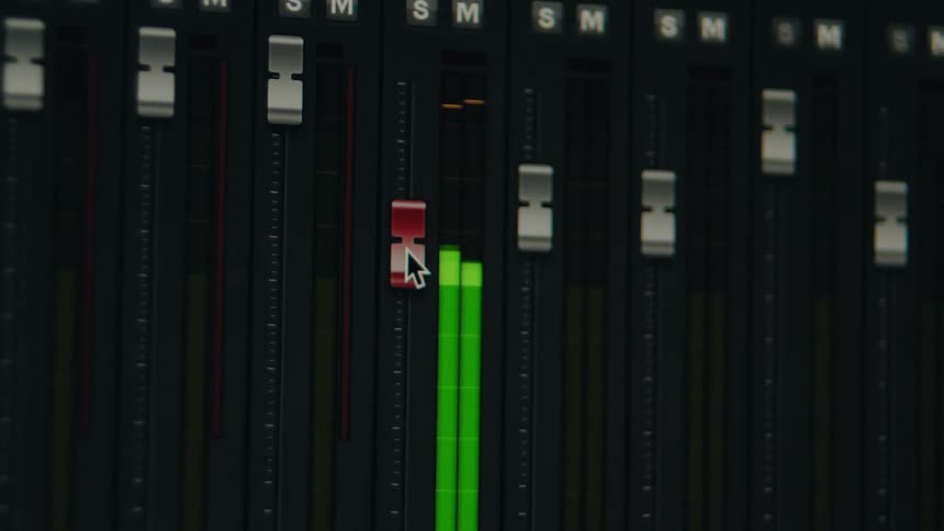 A close-up of a digital audio workstation's mixer with green level meters indicating active sound