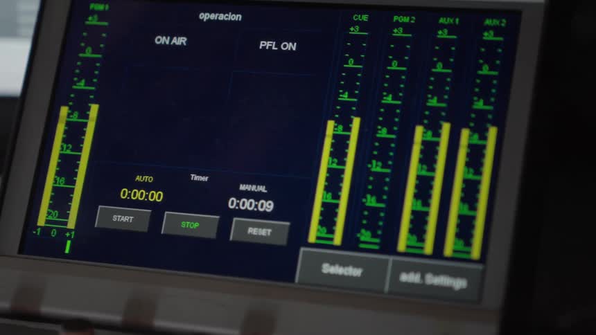 Close-up of a digital audio mixing console display with fluctuating sound level meters