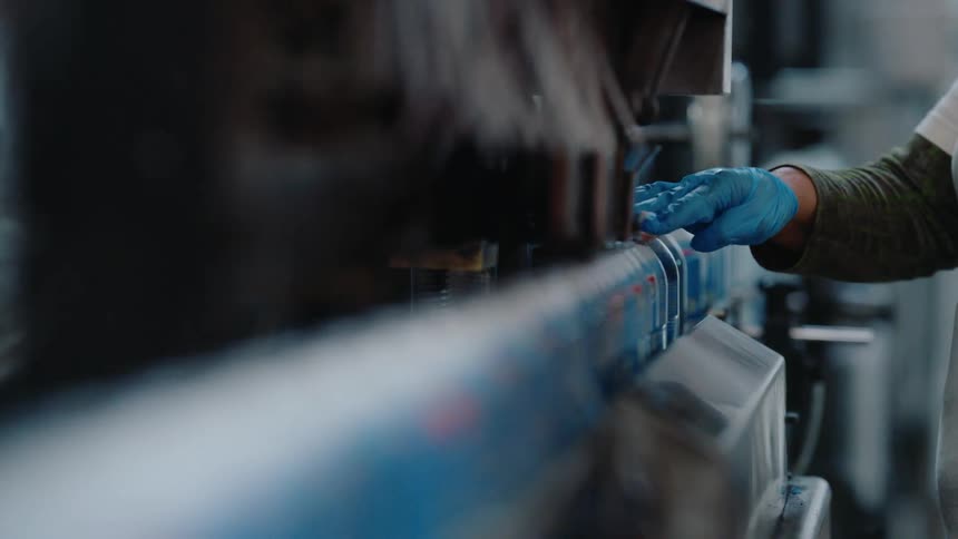 A factory worker wearing gloves inspects aerosol cans moving along an industrial production line