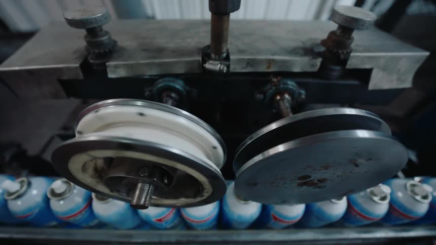 A low angle shot of an automated factory conveyor belt processing aerosol cans with large spinning wheels
