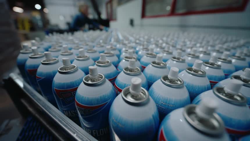 Close up shot of aerosol spray cans moving down a factory production line