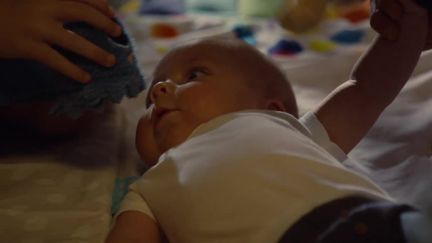 A curious newborn baby boy looks up with wide eyes while playing with plush toys held by his family
