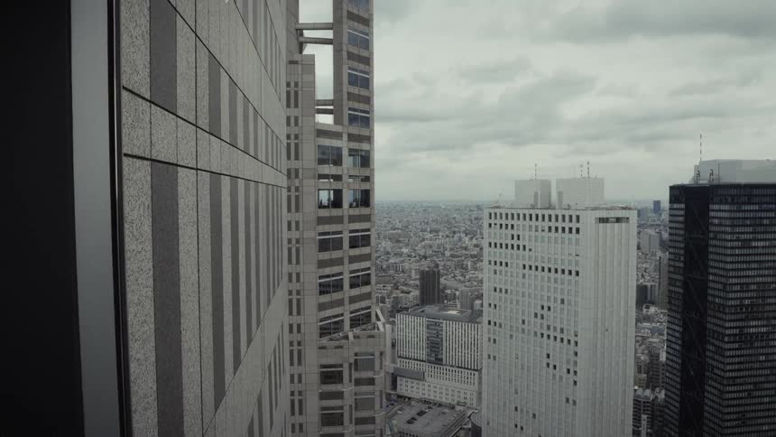 An aerial view of the Tokyo cityscape on a cloudy day, framed by skyscrapers