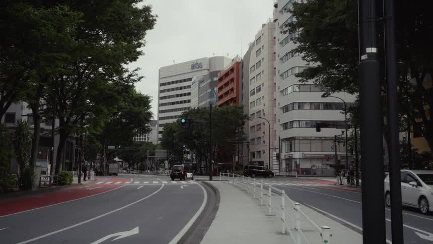 A quiet urban street in Tokyo, Japan, with cars driving past modern buildings and trees on an overcast day