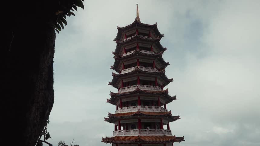 A static, low-angle view of a traditional multi-tiered Chinese pagoda temple standing tall against a cloudy sky