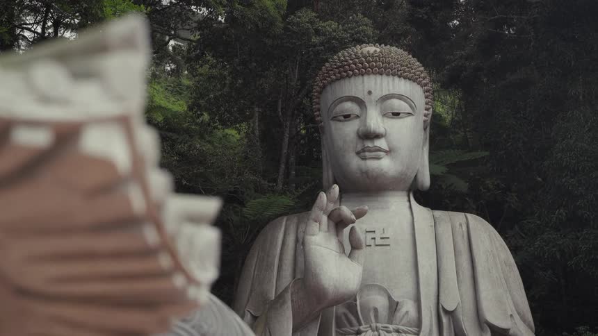 A serene stone Buddha statue with a symbolic hand gesture stands peacefully against a lush green jungle backdrop