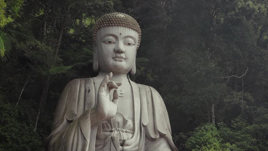 Mystical light rays drift past a giant stone Buddha statue nestled in a tranquil green forest