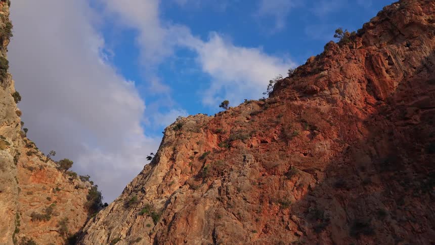 Looking up at the majestic red rock cliffs of a narrow canyon against a beautiful blue sky with white clouds