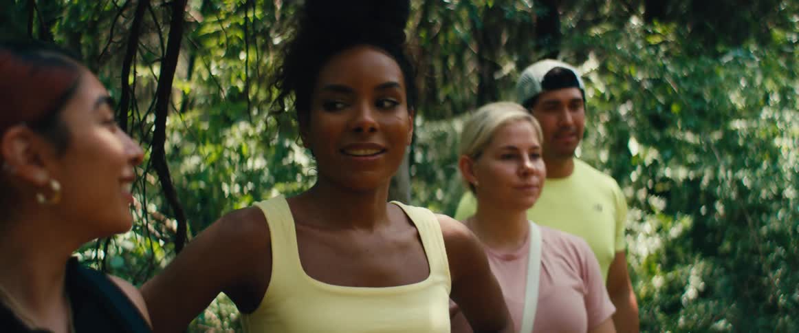 A diverse group of friends stops to admire the view while hiking through a sunlit forest in slow motion