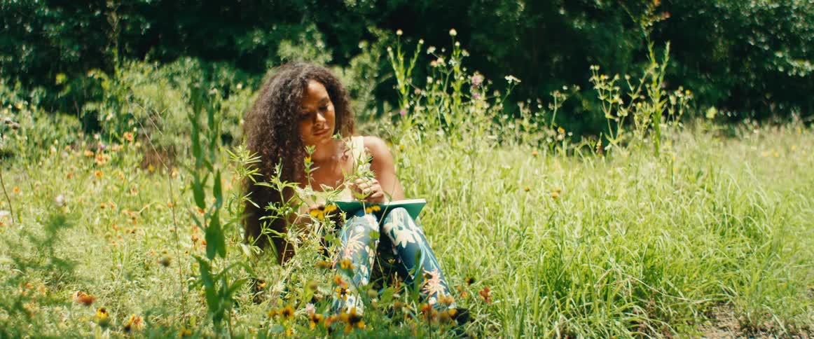 A thoughtful woman with beautiful curly hair sits in a sunny wildflower meadow and sketches in her journal