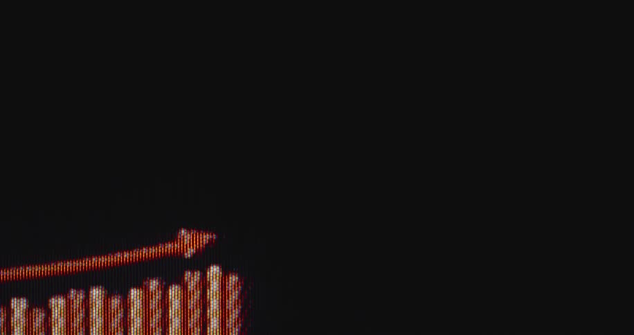 A close-up of a red, pixelated bar chart with an upward trending arrow animates on a black digital screen, indicating positive growth