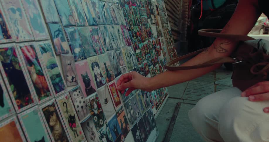 A woman with a tattoo on her arm browses through a colorful display of cat-themed art postcards at a street market