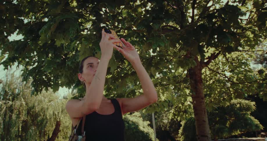 A young woman stands in a sunny park, holding her phone up to capture a photo of the light filtering through the tree leaves