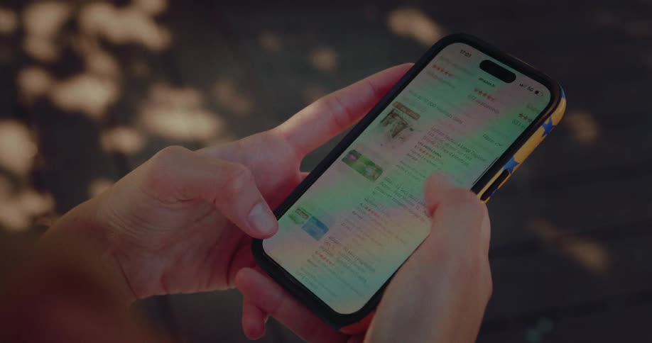 A close-up shot of a person's hands scrolling through the Amazon website on a smartphone, browsing for home organization products
