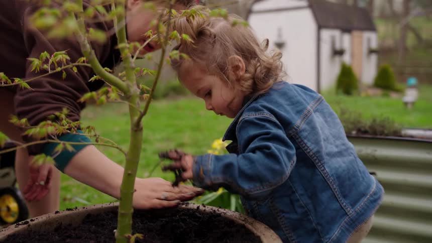 A mother and her young toddler daughter get their hands dirty while planting a small tree together in a large pot in their backyard garden
