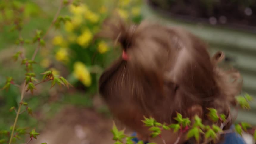 An adorable toddler with messy, muddy hands happily plays with a small sapling in a beautiful garden