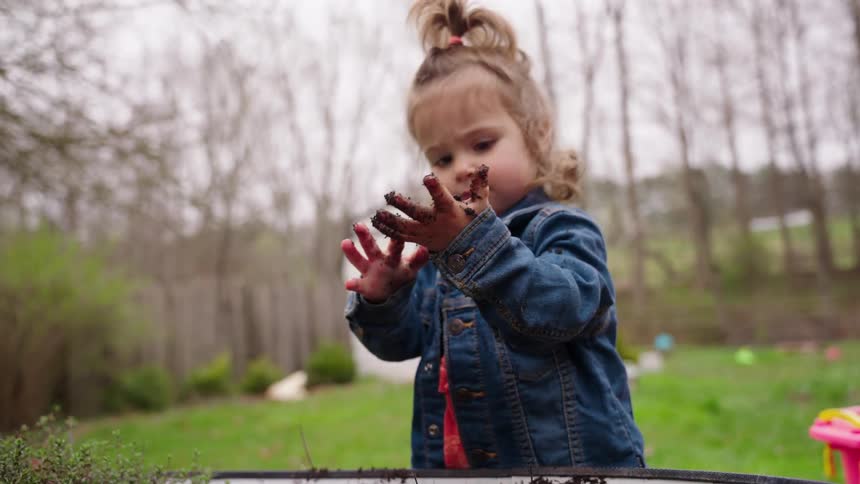 An adorable little girl joyfully plays with garden soil, proudly showing off her messy hands