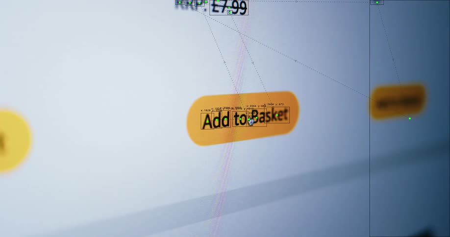 A mouse cursor clicks the 'Add to Basket' button on an online shopping website with motion tracking data overlaid on the screen