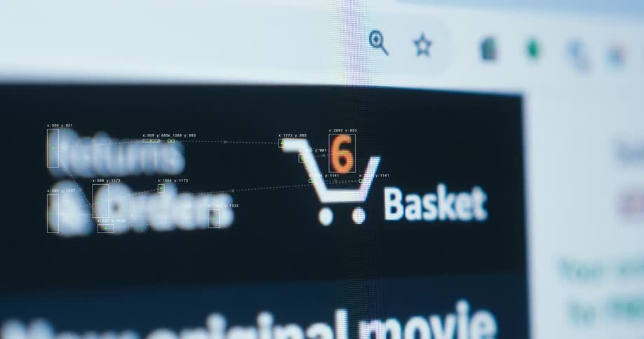 Macro view of an online store's shopping basket as the item count rapidly increases, with a digital data overlay analyzing the interface