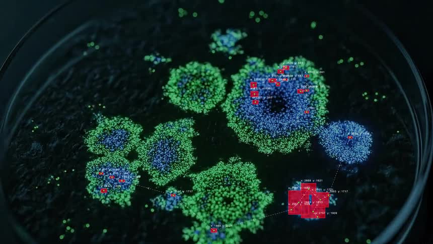 A digital interface tracks and analyzes the rapid growth of glowing green and blue microbial colonies in a lab petri dish