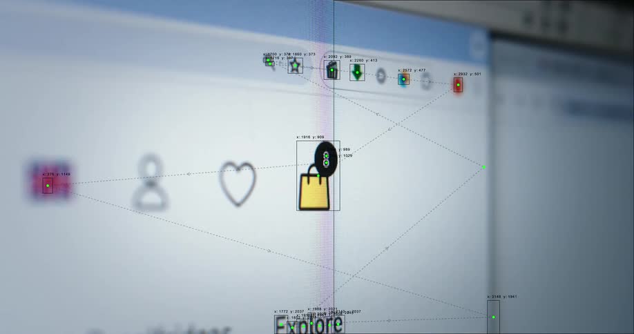 A shopping cart notification icon on a computer screen rapidly counts up, overlaid with user interface analysis data and coordinates