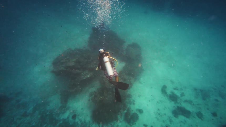 High angle view of a scuba diver exploring a shallow reef as a majestic manta ray swims past in the background