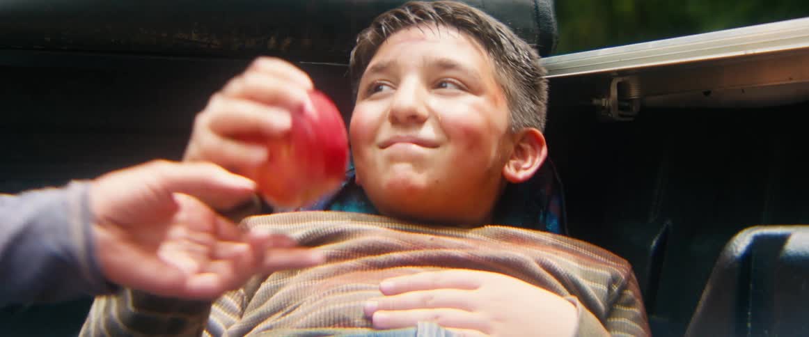 A young boy with a scraped face peacefully rests in the back of a truck before being woken up to eat a fresh red apple