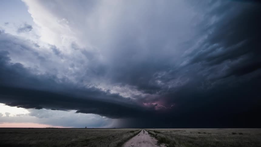 Lightening and storm clouds gather over a field