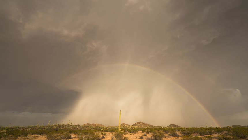 A dramatic timelapse captures a desert rainstorm and the formation of a brilliant double rainbow over a landscape dotted with saguaro cacti