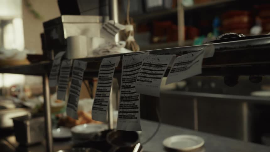 A row of printed food orders hangs from a ticket rack in a busy restaurant kitchen