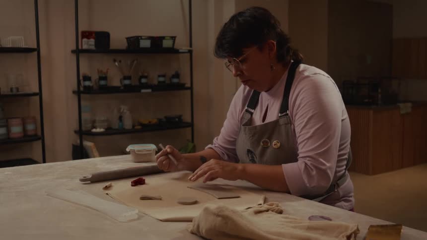 A female potter in an apron meticulously shapes and marks a piece of raw clay at a workbench in her creative studio