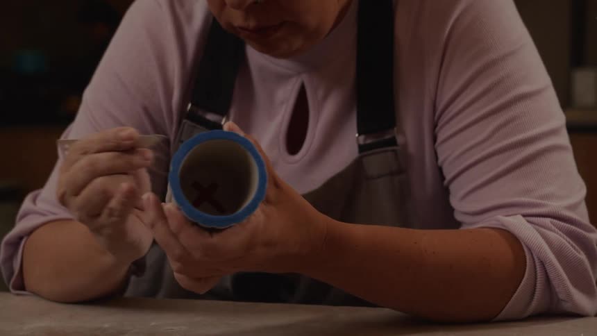 A focused female artist carefully carves intricate details into a wet clay cup in her pottery studio