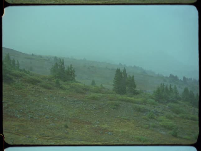 Vintage footage captures a foggy mountainside with sparse trees during a rainstorm