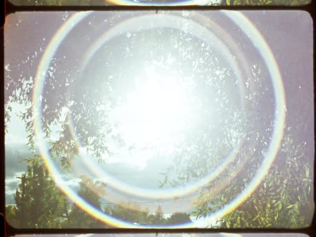 Dreamy vintage footage of the sun creating a circular rainbow lens flare as it shines through leafy trees