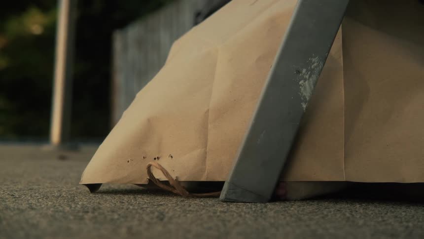 A playful kitten's paws stick out from under a paper bag as it bats at the string handle