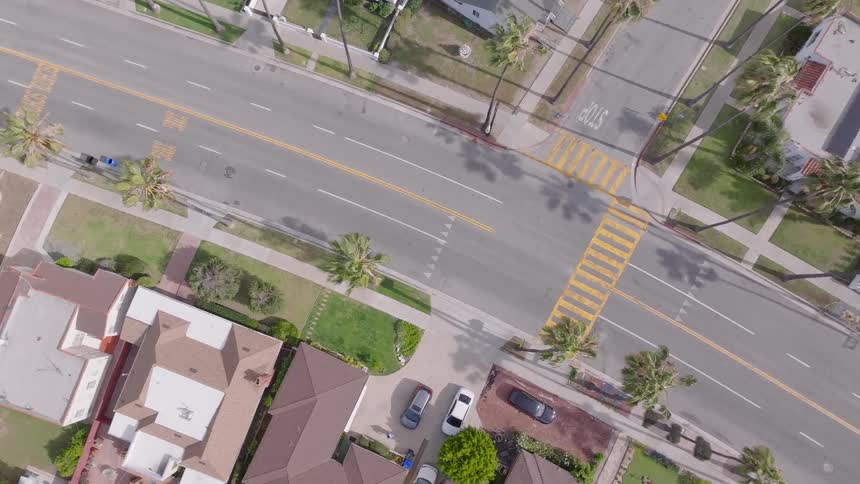 A slow ascending top-down aerial shot over a quiet suburban neighborhood street with palm trees and a few cars passing by