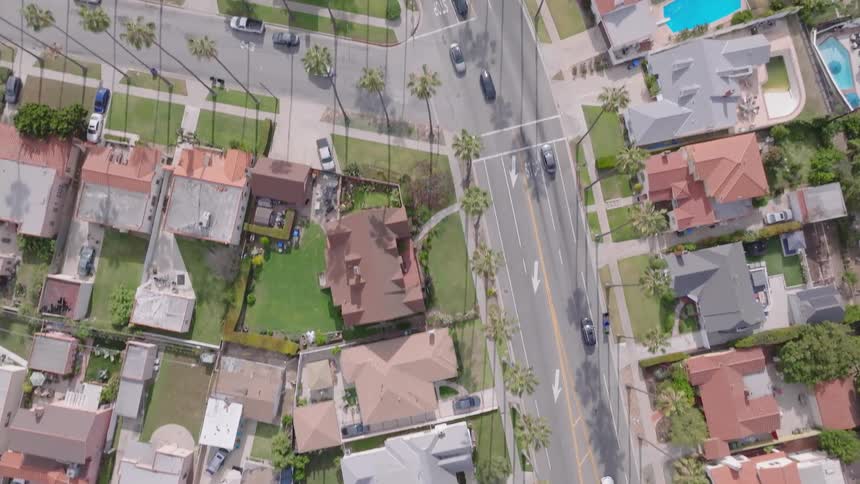 A top-down aerial view follows a street through a classic American suburban neighborhood with palm trees and houses