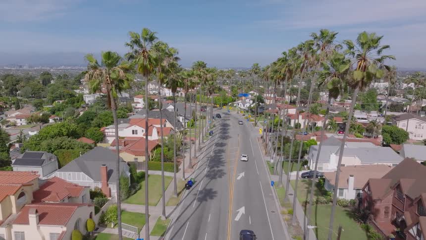 An aerial drone shot slowly advances down a picturesque boulevard lined with towering palm trees and beautiful homes in a sunny California neighborhood