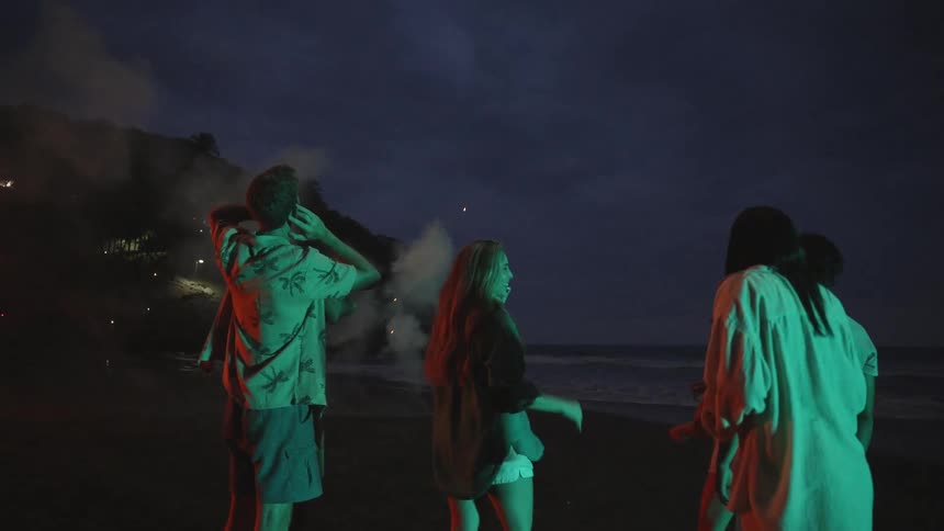 A diverse group of friends and family watch fireworks explode on a sandy beach at night