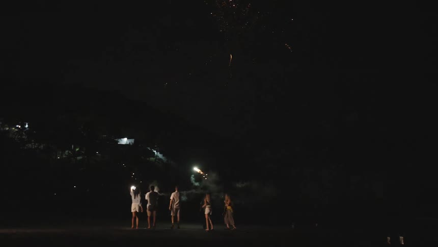 A group of friends stands on a tropical beach at night, celebrating with sparklers while watching a spectacular fireworks display