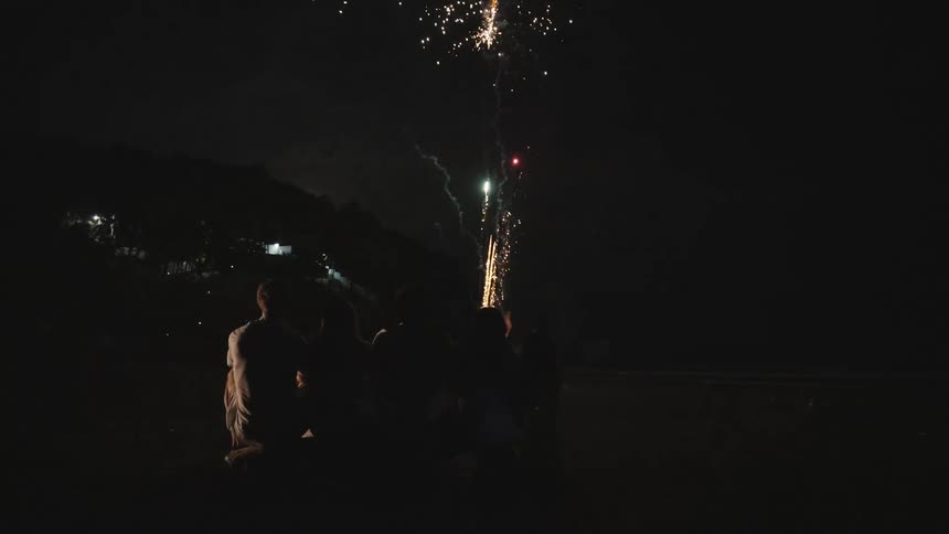 A silhouetted group of friends celebrate together on a dark beach at night, watching a vibrant fireworks display light up the sky