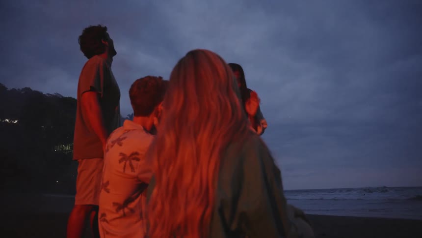 A group of friends celebrates with fireworks on the beach at night, lit by the warm glow of a bonfire