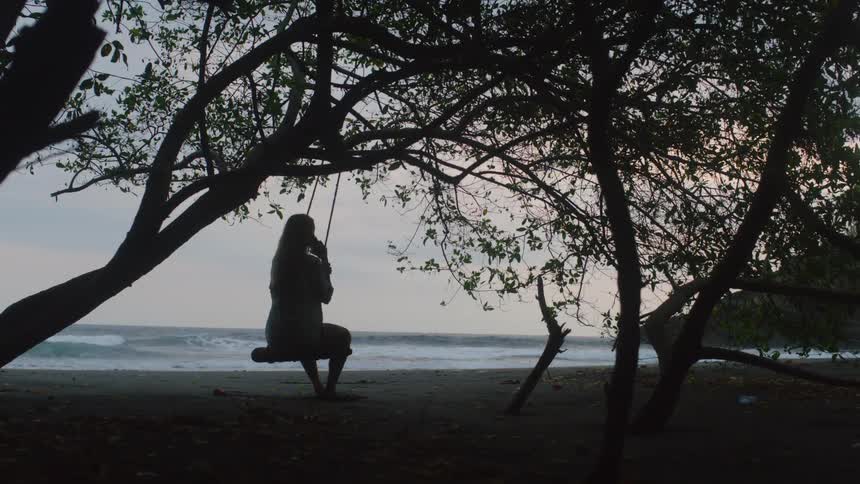 A woman in silhouette gently sways on a tree swing, capturing the ocean view with her phone on a tranquil beach at dusk