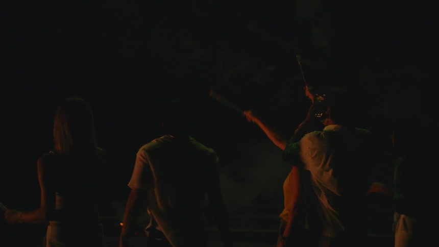 A group of friends celebrate at night, watching a vibrant fireworks display and waving sparklers