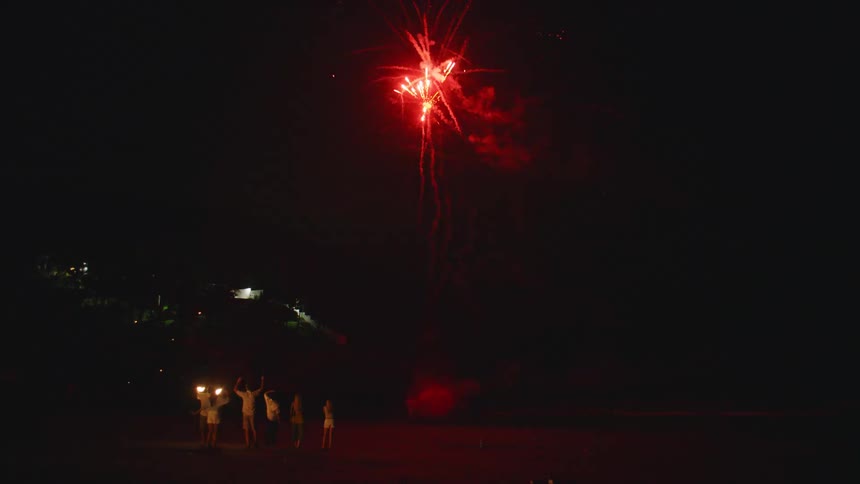 A group of friends celebrates on a dark beach at night, watching a vibrant fireworks display light up the sky
