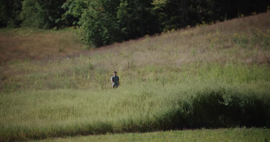 A lone man walks through a vast, grassy field up a rolling hill on a sunny day