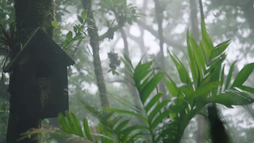 A moss-covered birdhouse is perched on a tree in a lush, foggy rainforest during a downpour