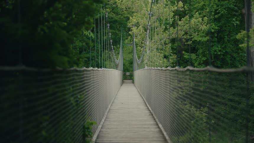 A static, symmetrical view down the center of an empty wooden suspension bridge leading into a lush green forest