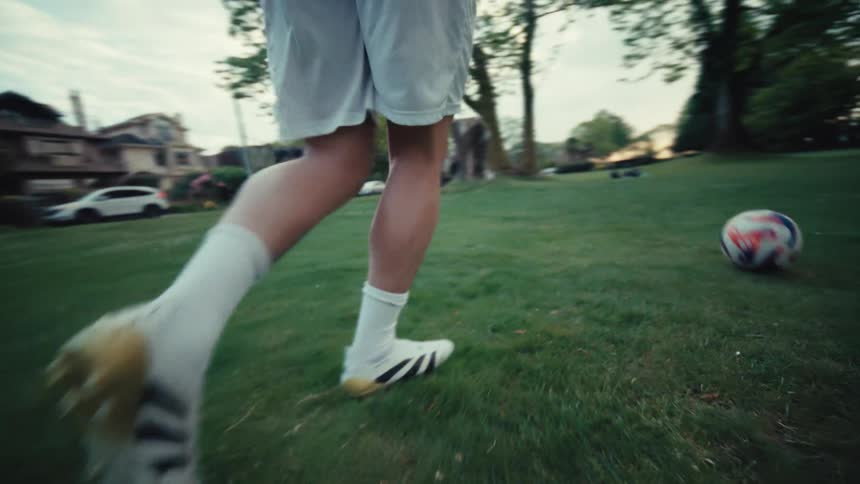 A slow-motion, low-angle shot follows a soccer player's feet as they dribble a ball across a grassy park