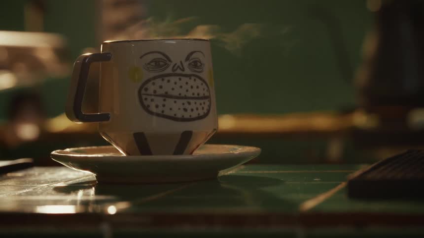 Close-up of a steaming hot beverage in a quirky, illustrated mug on a cozy, green-tiled surface